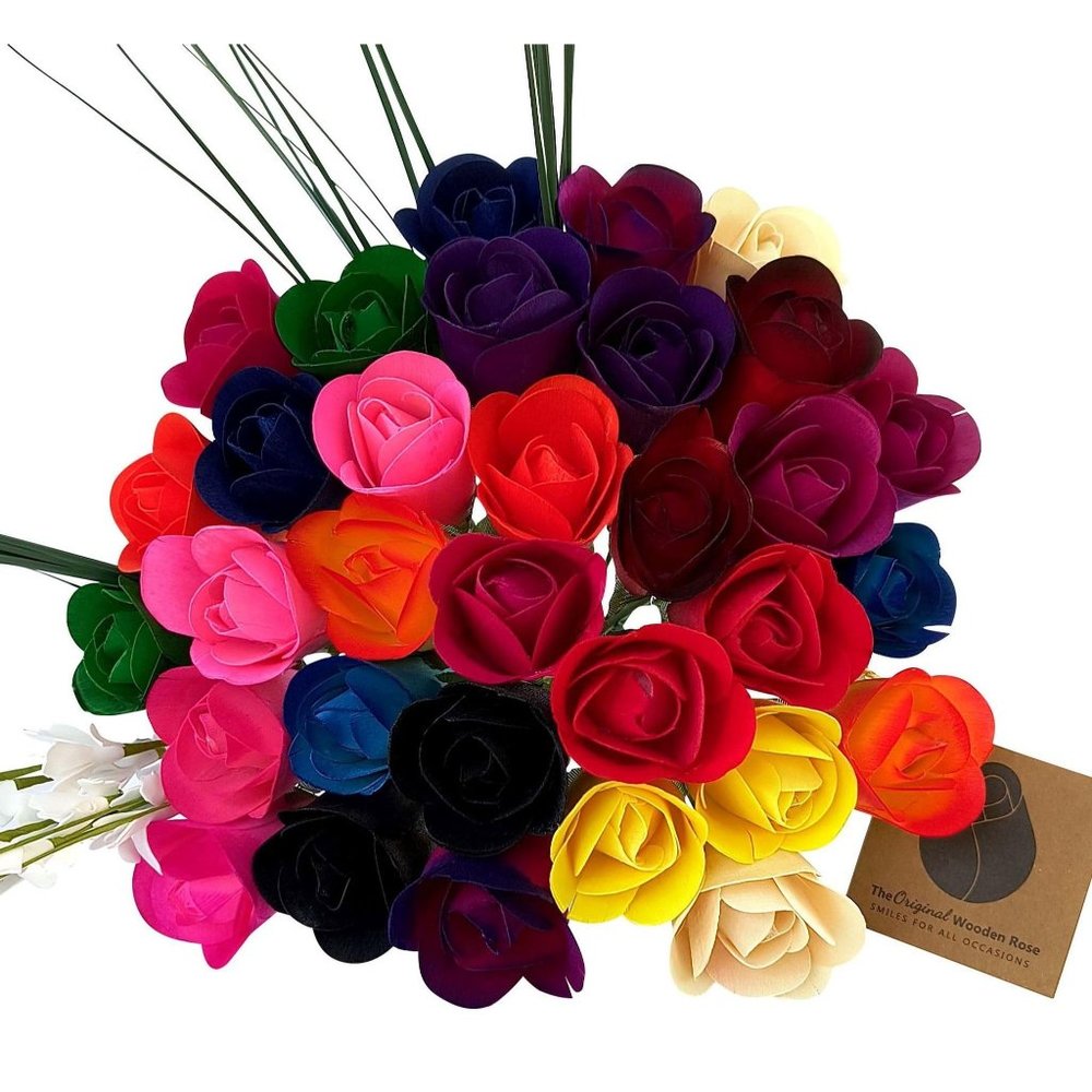 32 Assorted Half Open Bud Wooden Rose Bouquet. The Original Wooden Rose